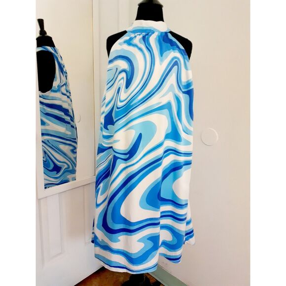 Premier Amour Blue White Prints Halter Fully Lined Cocktail Dress S10 NWT $79 - Picture 2 of 13